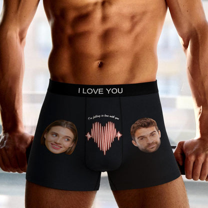 Three-quarter product view of personalised ECG face boxer shorts highlighting print placement and cosy fit — ideal personalised face gift for him.