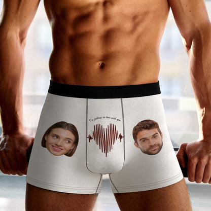 Flat-lay of black personalised photo boxer shorts with ECG face design, soft polyester fleece finish and comfortable elastic waistband — photo boxer shorts.