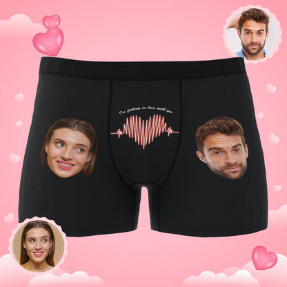 Packshot of personalised photo boxer shorts featuring a custom face within an ECG motif — ideal personalised gift for boyfriend or partner.