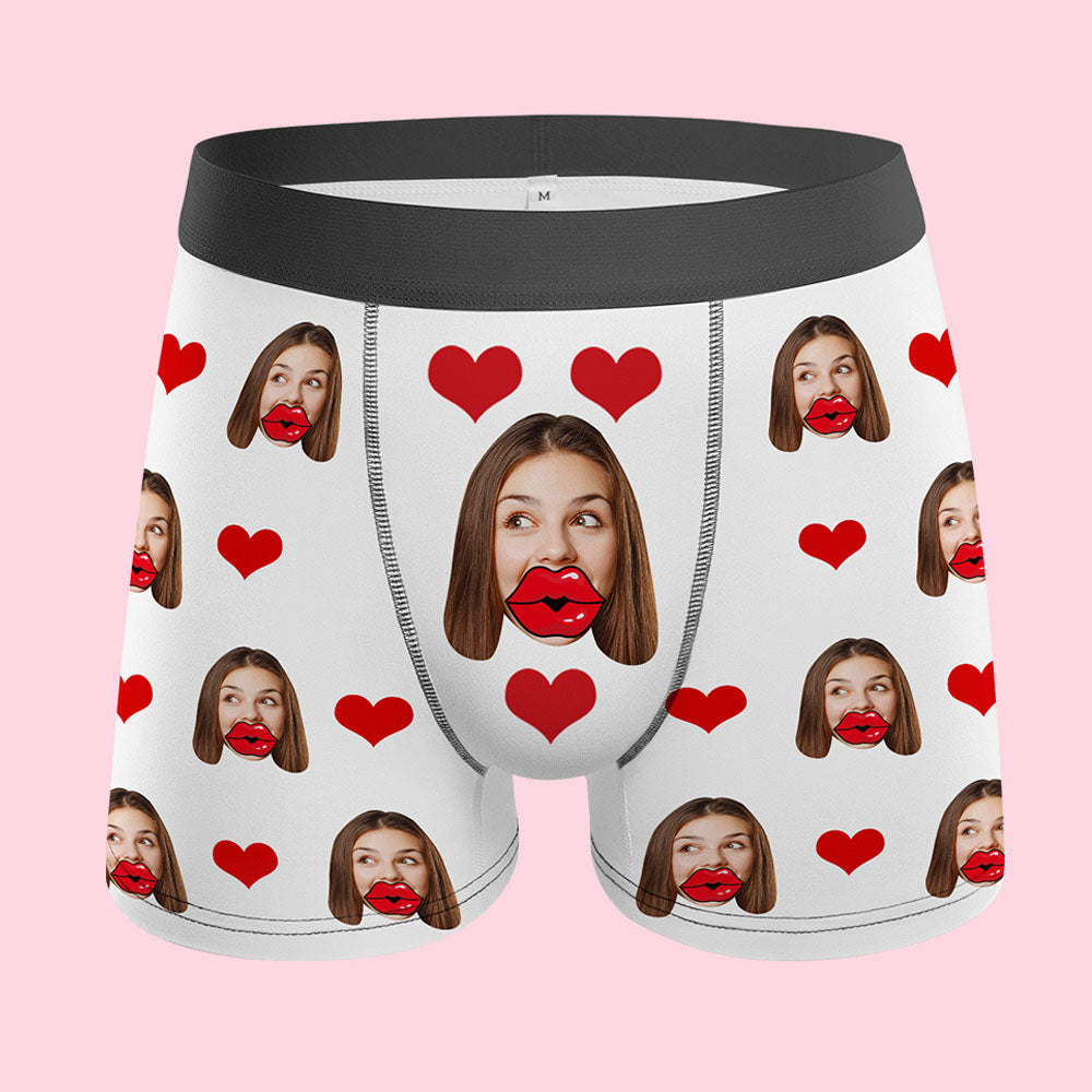 Personalised men's underwear back view showing heart motif and elastic waistband — photo-printed boxer briefs with comfortable stretchy fit