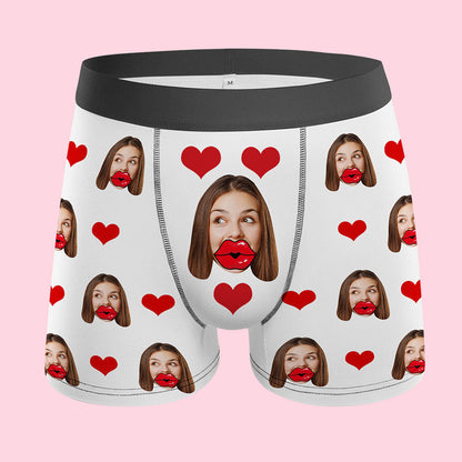Personalised men's underwear back view showing heart motif and elastic waistband — photo-printed boxer briefs with comfortable stretchy fit
