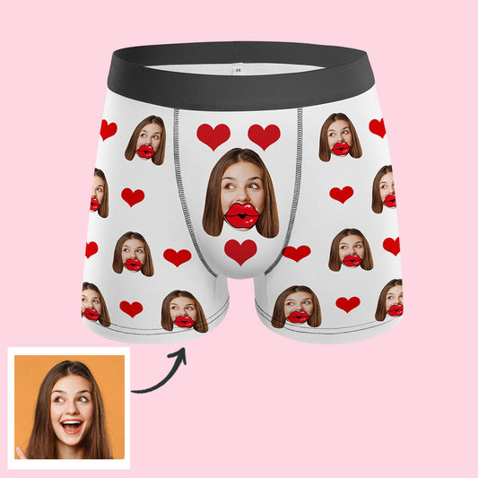 Custom face red lips & heart boxer — personalised men's boxer briefs with vivid heat-transfer photo print on front, novelty Valentine's gift