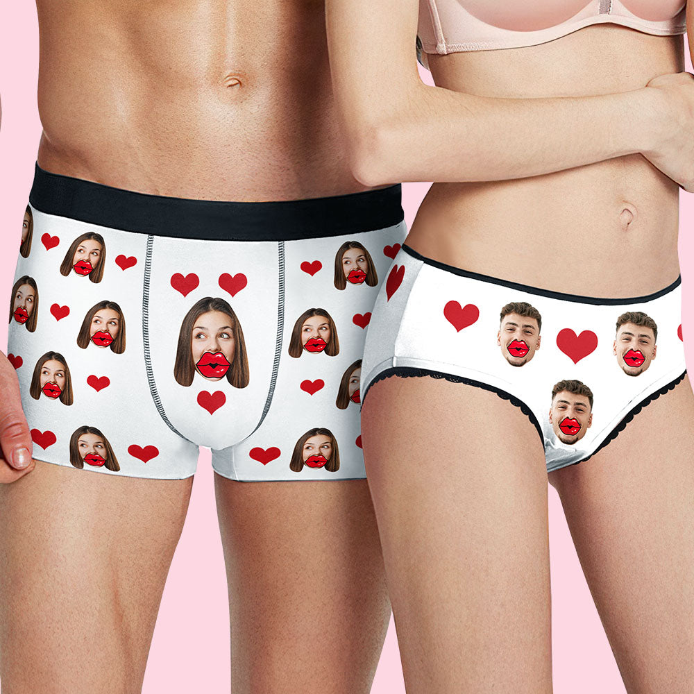 Custom face red lips & heart boxer — personalised men's boxer briefs with vivid heat-transfer photo print on front, novelty Valentine's gift