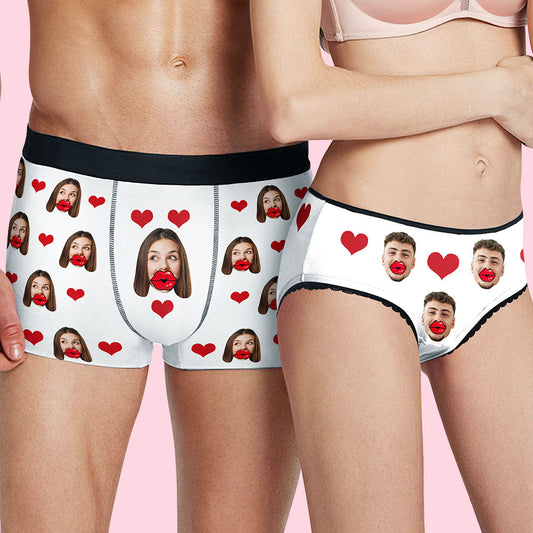 Custom face red lips & heart boxer — personalised men's boxer briefs with vivid heat-transfer photo print on front, novelty Valentine's gift