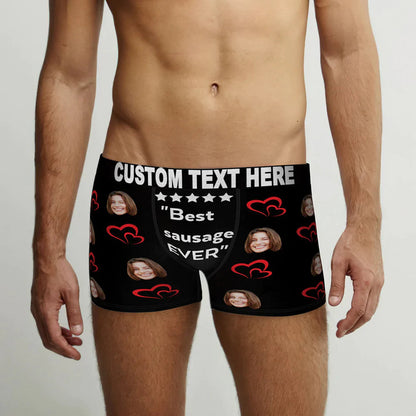 Front and back views of personalised men's face boxer briefs — custom photo underwear made from soft polyester fleece with elastic waistband, ideal personalised gift for husband or boyfriend