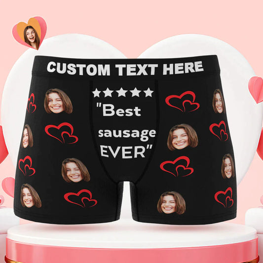 Personalised men's face boxer briefs with 'Best Sausage Ever' slogan showing cropped face print and bold text — funny Valentine's gift for him, custom photo underwear in vibrant, long‑lasting colour