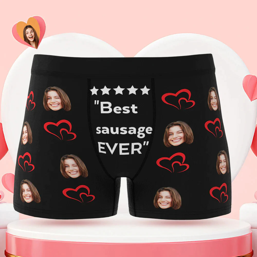 Personalised men's face boxer briefs with 'Best Sausage Ever' slogan showing cropped face print and bold text — funny Valentine's gift for him, custom photo underwear in vibrant, long‑lasting colour
