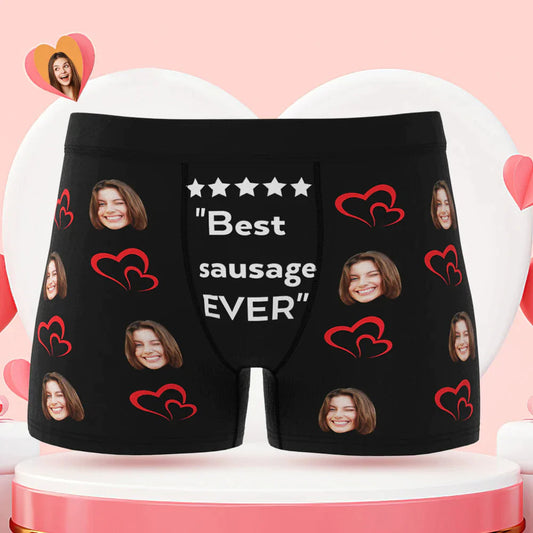 Personalised men's face boxer briefs with 'Best Sausage Ever' slogan showing cropped face print and bold text — funny Valentine's gift for him, custom photo underwear in vibrant, long‑lasting colour