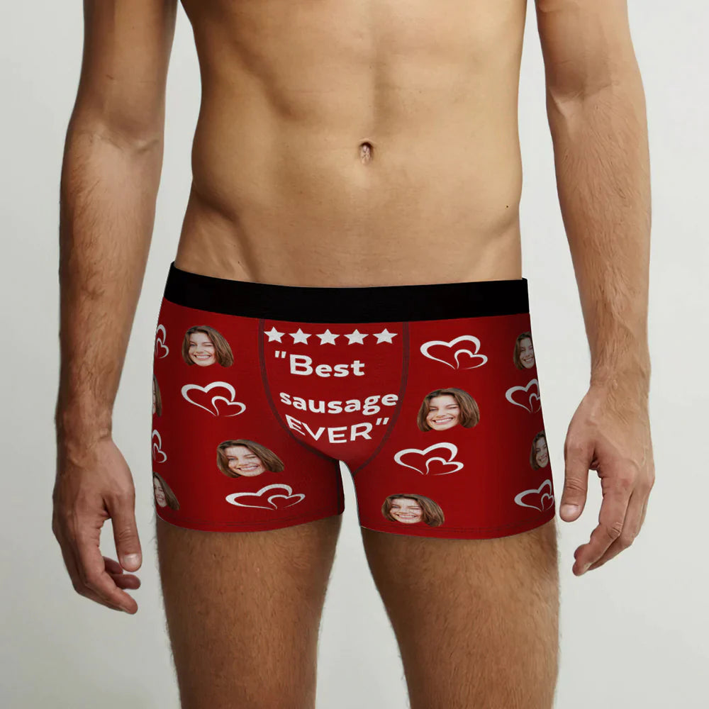 Rear view of personalised men's face boxer briefs showing full‑wrap print and comfortable cut — durable polyester fleece with embedded, non‑peeling print