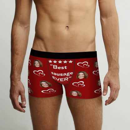 Rear view of personalised men's face boxer briefs showing full‑wrap print and comfortable cut — durable polyester fleece with embedded, non‑peeling print