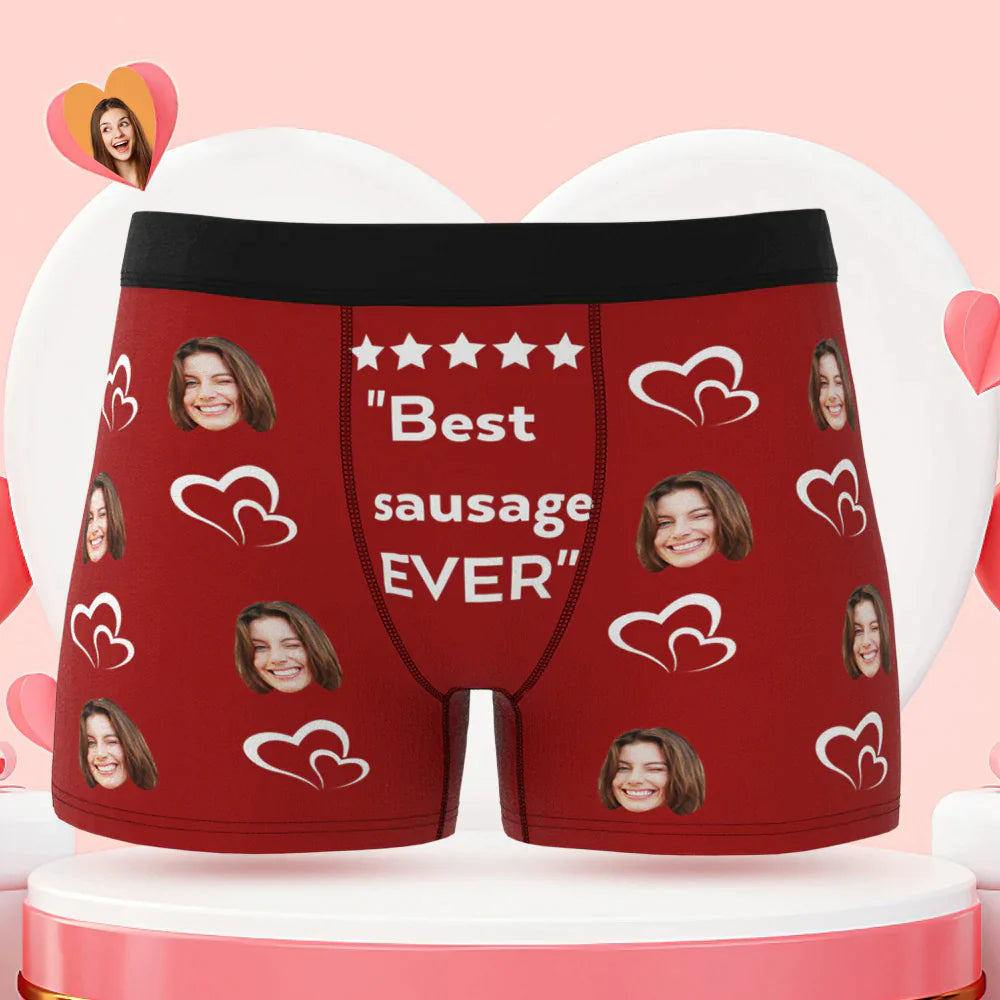 Model wearing personalised men's face boxer briefs to show fit and stretch of the soft elastic waistband — recommended to select a size up for extra comfort