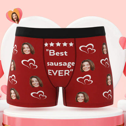 Model wearing personalised men's face boxer briefs to show fit and stretch of the soft elastic waistband — recommended to select a size up for extra comfort