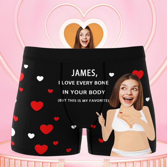 Custom photo boxer shorts in black with personalised funny face print – novelty gift for husband, men's personalised underwear