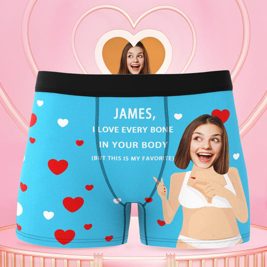 Custom photo boxer shorts in black with personalised funny face print – novelty gift for husband, men's personalised underwear