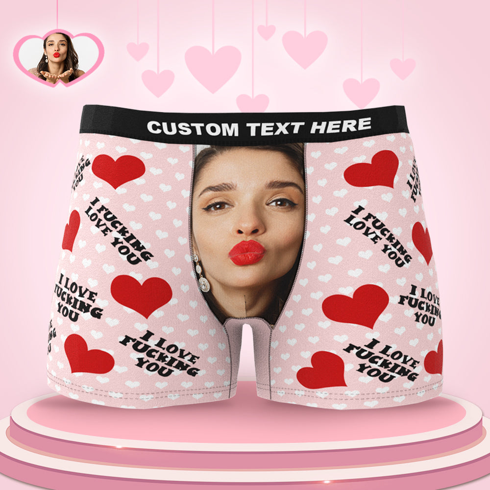Custom Face Man Boxer Shorts "I Fucking Love You" — personalised men's boxer shorts with cropped face print, soft polyester and vibrant dye-sublimation, ideal novelty gift for husband or boyfriend