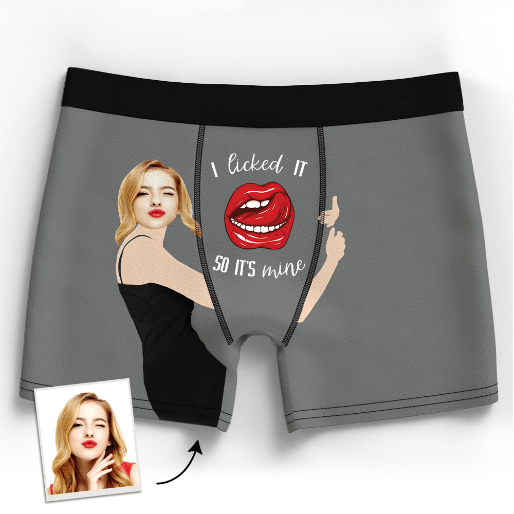 Red personalised girlfriend face boxer with lifelike photo print and bold slogan — personalised novelty underwear for her