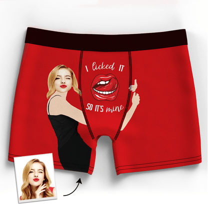 Blue personalised girlfriend face boxer with high-resolution face print and cheeky slogan — funny custom gift for her