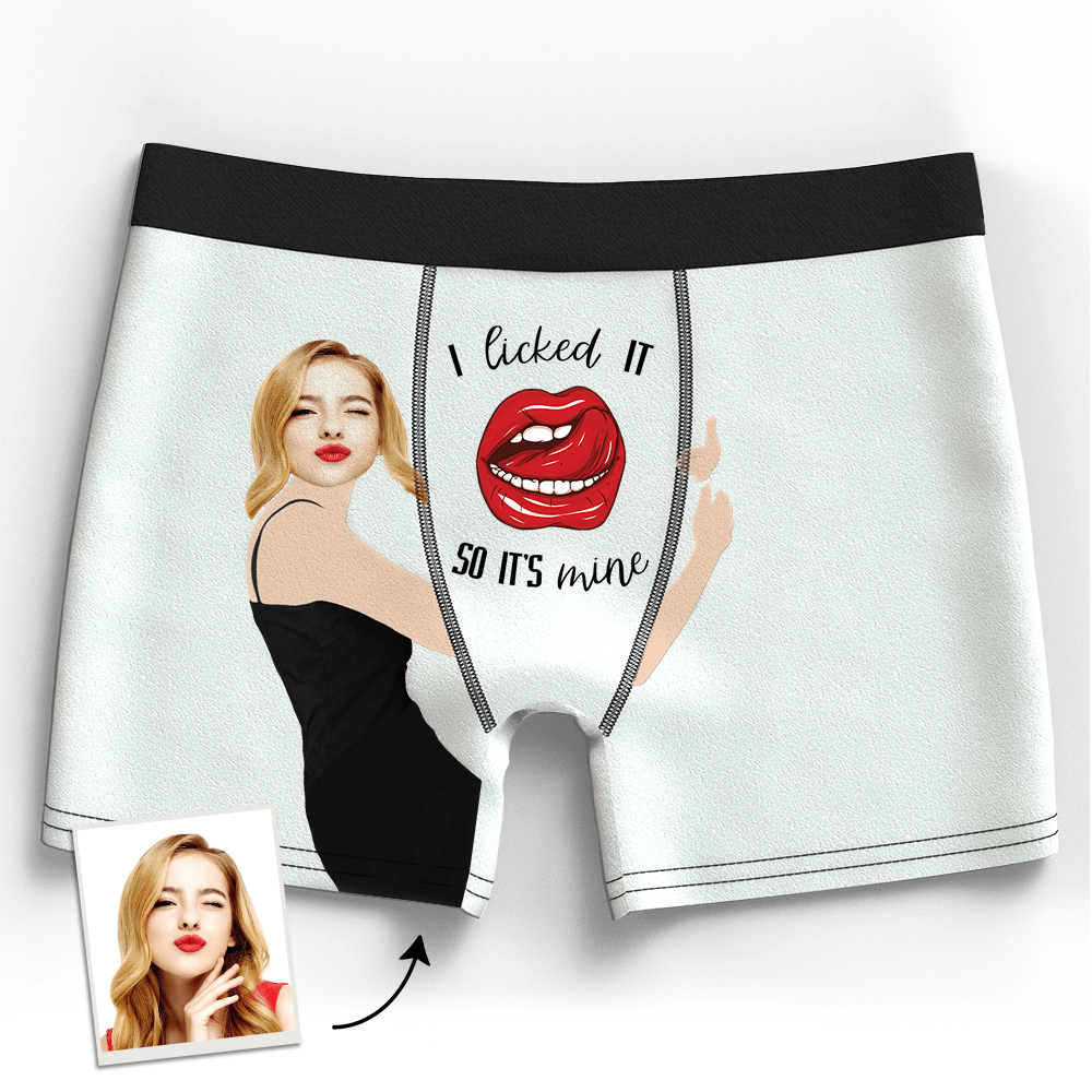 Green personalised girlfriend face boxer with realistic girlfriend photo print and playful slogan — unique personalised gift for her