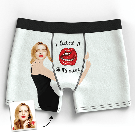 Green personalised girlfriend face boxer with realistic girlfriend photo print and playful slogan — unique personalised gift for her