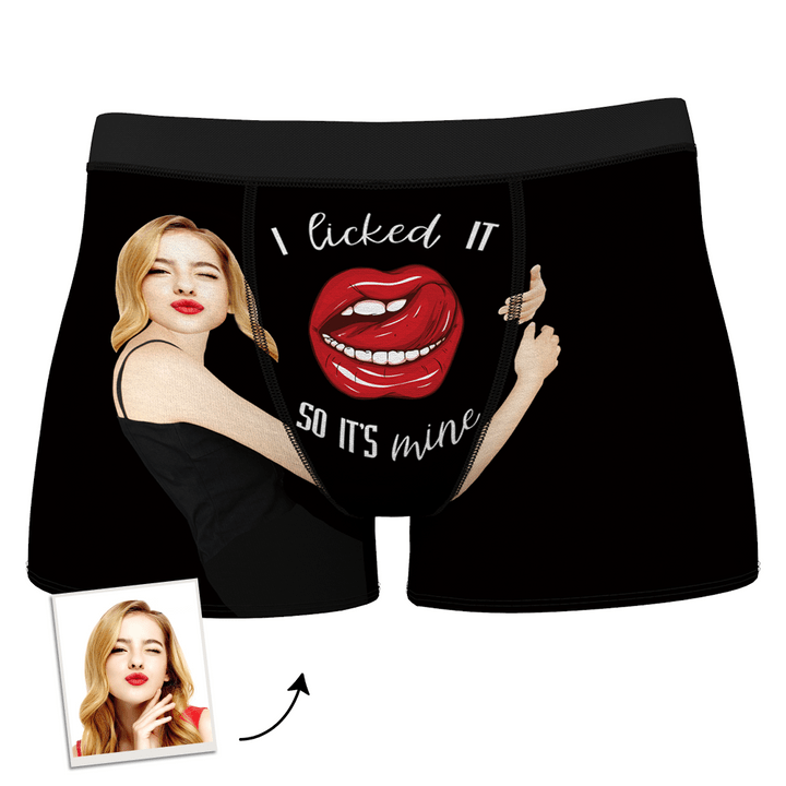 Green personalised girlfriend face boxer with realistic girlfriend photo print and playful slogan — unique personalised gift for her