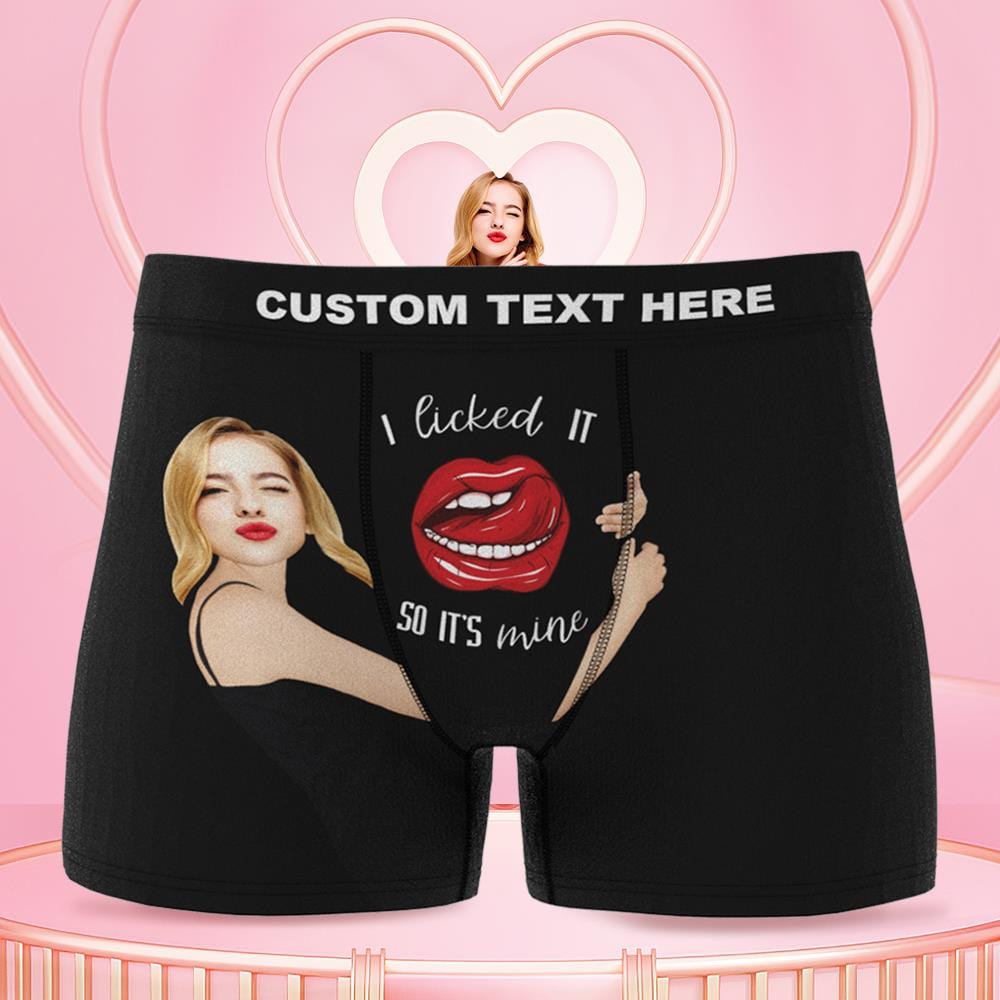White personalised girlfriend face boxer with custom photo print and 'I Licked It So It's Mine' slogan — personalised gift for her