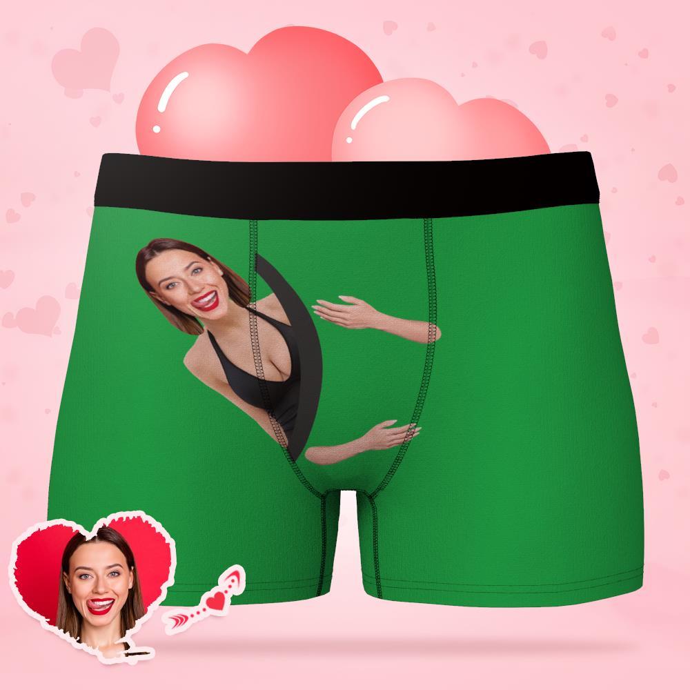 Model wearing Hug My Treasure personalised photo boxer briefs — a playful personalised photo gift for him, husband or dad