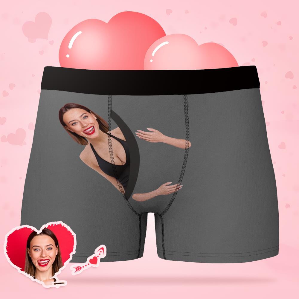 Back view of Hug My Treasure men's all-over boxer briefs showing all-over personalised face print and comfortable elastic waistband