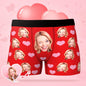 Close-up of personalised men's boxer briefs with custom photo print and small heart detail, heat-transfer printing for bright, fade-resistant colours on soft, skin-friendly fabric