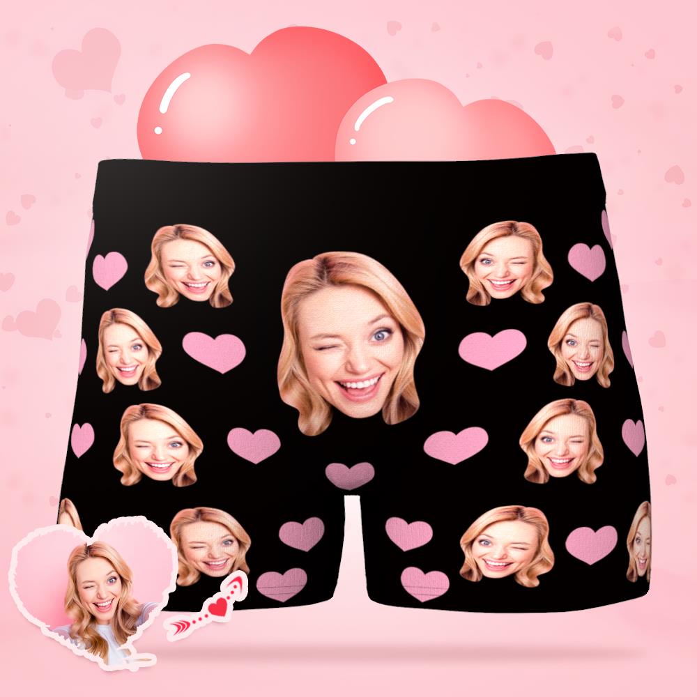Custom Face Boxer Shorts showcasing personalised men's underwear with a clear custom face print and little heart motif, breathable polyester-spandex stretch and elastic waistband for a flattering fit