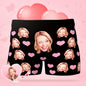 Custom Face Boxer Shorts showcasing personalised men's underwear with a clear custom face print and little heart motif, breathable polyester-spandex stretch and elastic waistband for a flattering fit