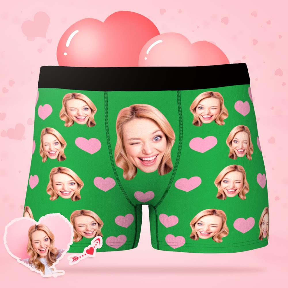 Lifestyle shot of personalised men's underwear as a gift idea, showing clear custom face printing, little heart detail and a flattering, comfortable fit for him