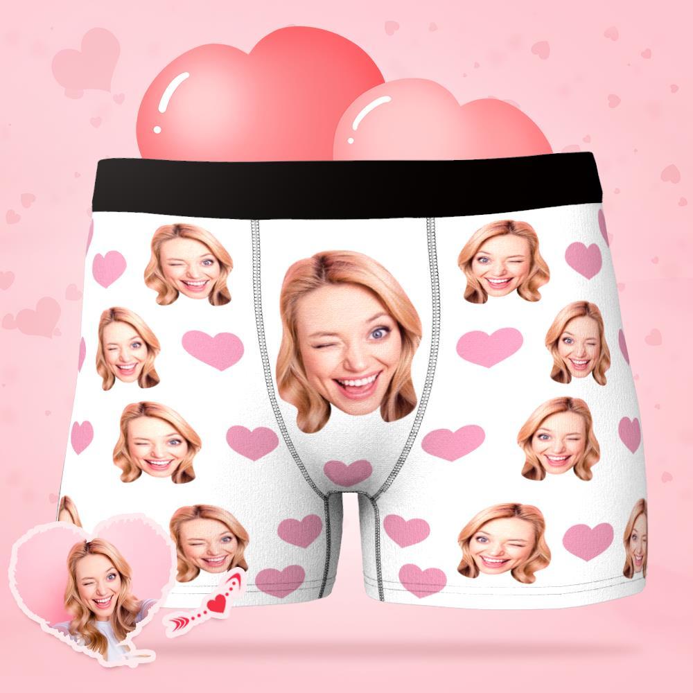 Custom Face Boxer Shorts showcasing personalised men's underwear with a clear custom face print and little heart motif, breathable polyester-spandex stretch and elastic waistband for a flattering fit