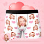 Custom Face Boxer Shorts showcasing personalised men's underwear with a clear custom face print and little heart motif, breathable polyester-spandex stretch and elastic waistband for a flattering fit