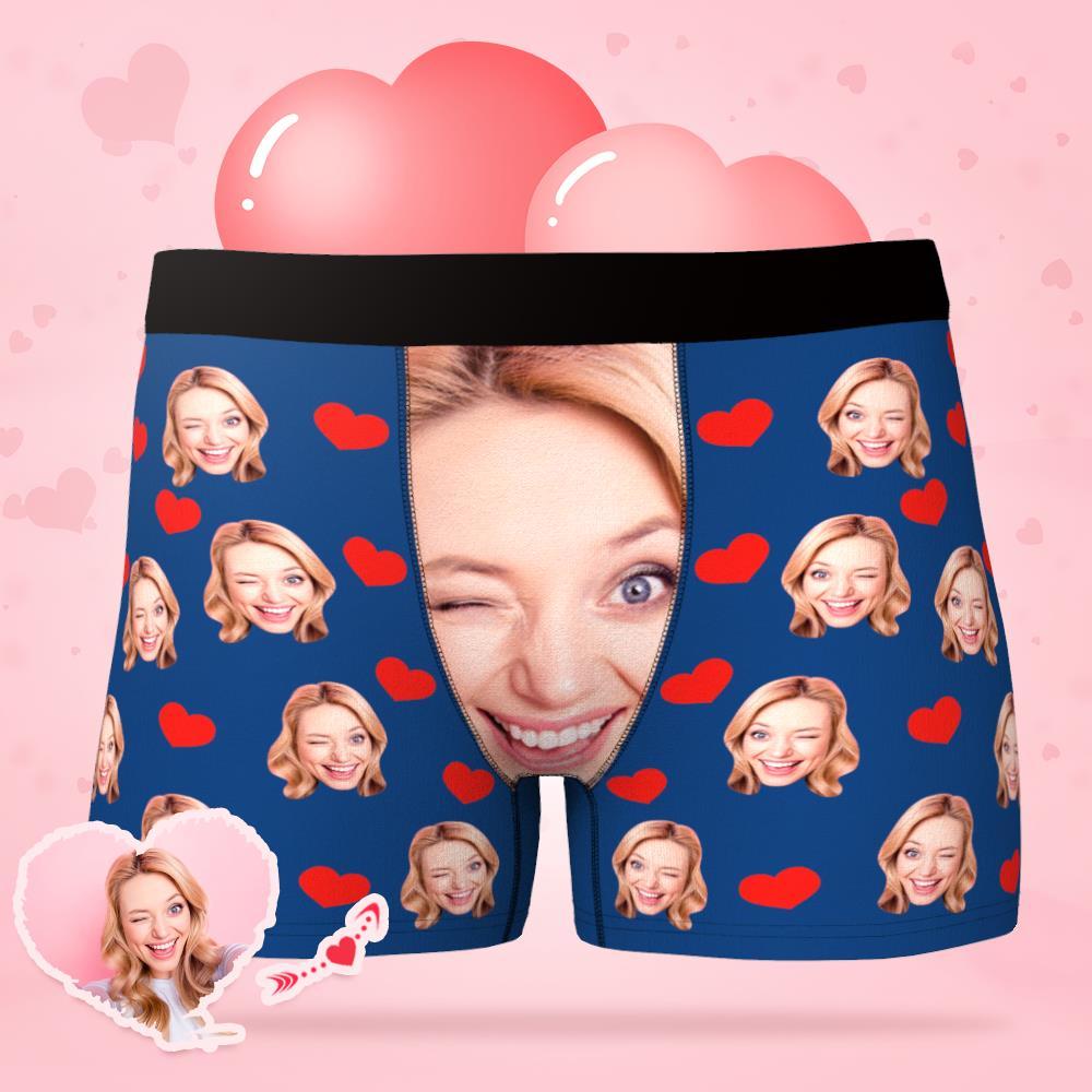 Collection of personalised face photo boxer briefs colour options — black, white, red, blue, green, grey and smoky blue shown, ideal personalised gift for Valentine's Day