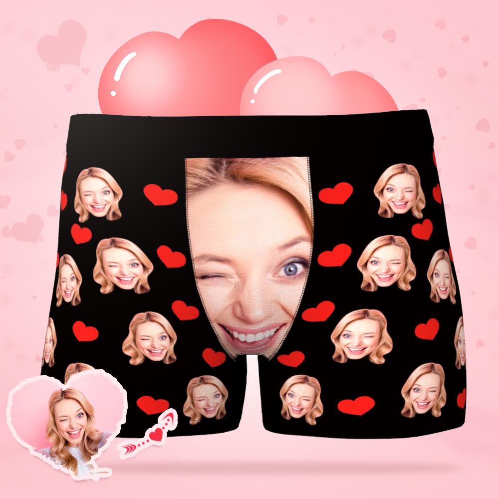 Personalised boxer briefs side view — custom love heart photo underwear showing colour option and stretch fit, comfortable elastic waistband, novelty gift for him or her