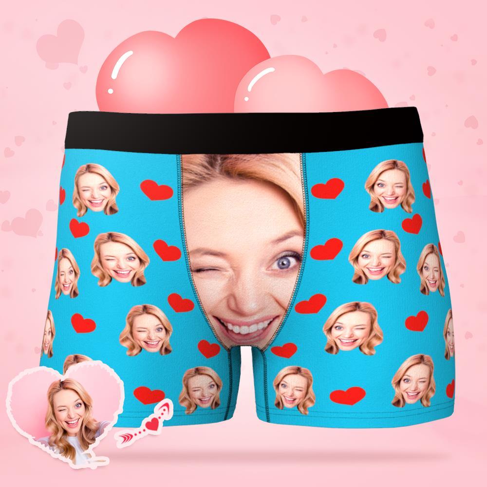 Personalised love-heart men's underwear packaging and presentation — custom face photo boxer briefs with free online design support, dropshipping and wholesale options available