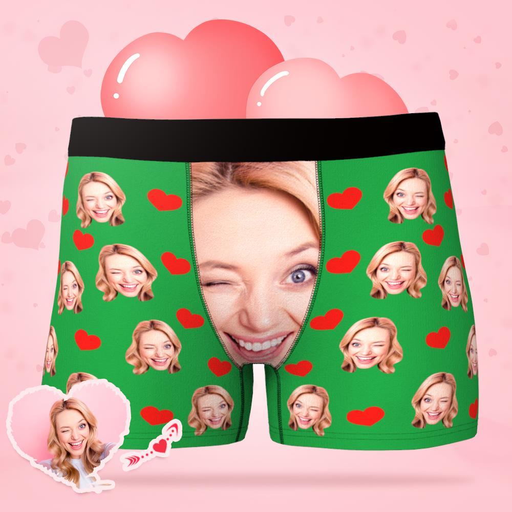 Model wearing personalised face photo boxer briefs — custom love-heart men's underwear fit demonstration, soft-stretch fabric for all-day comfort, perfect anniversary or birthday gift