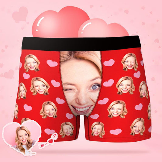 Personalised Face Photo Boxer Briefs — front view of custom love-heart men's underwear with uploaded photo, breathable polyester-spandex, ideal personalised Valentine's gift UK & Australia