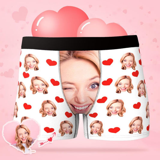 Personalised Face Photo Boxer Briefs — front view of custom love-heart men's underwear with uploaded photo, breathable polyester-spandex, ideal personalised Valentine's gift UK & Australia