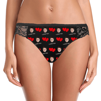 Close-up of delicate lace trim and soft elastic waistband on custom face underwear, showing high-precision photo cut-out and fine fabric detail