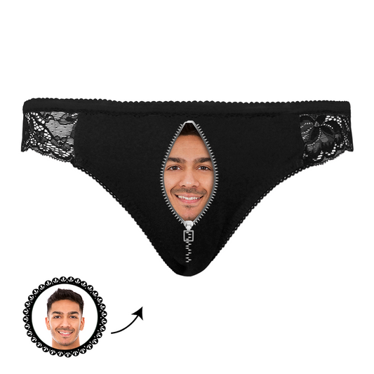 Personalised black lace zipper panties with custom photo print on soft polyester – custom photo lingerie gift XS–XXXL