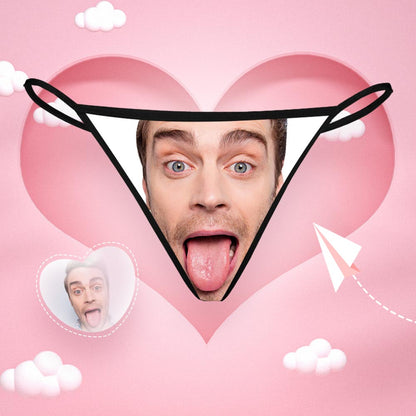 Personalised Photo Thong front view with a custom printed face on soft stretch fabric — sexy personalised underwear gift for her