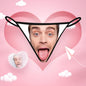 Personalised Photo Thong front view with a custom printed face on soft stretch fabric — sexy personalised underwear gift for her