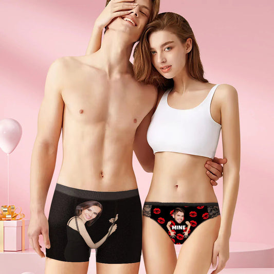 Personalised face-matching couples underwear with ‘You Are Mine’ photo print on soft polyester – perfect Valentine's Day or anniversary gift