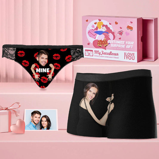 Personalised face-matching couples underwear with ‘You Are Mine’ photo print on soft polyester – perfect Valentine's Day or anniversary gift