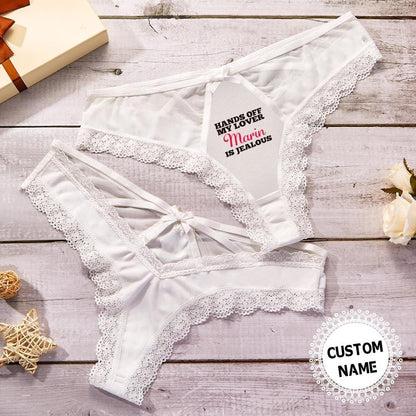Personalised Name Lace Thong front view in black with sweet bow - custom lace thong gift for wife or bride-to-be
