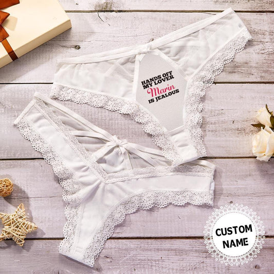 Personalised Name Lace Thong front view in black with sweet bow - custom lace thong gift for wife or bride-to-be