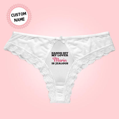 Personalised Name Lace Thong front view in black with sweet bow - custom lace thong gift for wife or bride-to-be