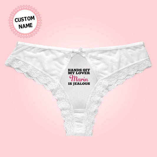 Personalised Name Lace Thong front view in black with sweet bow - custom lace thong gift for wife or bride-to-be