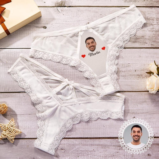 Personalised white lace panties flat-lay with boyfriend’s face and name printed on soft modal — perfect personalised photo gift for her, Valentine’s Day or anniversary.